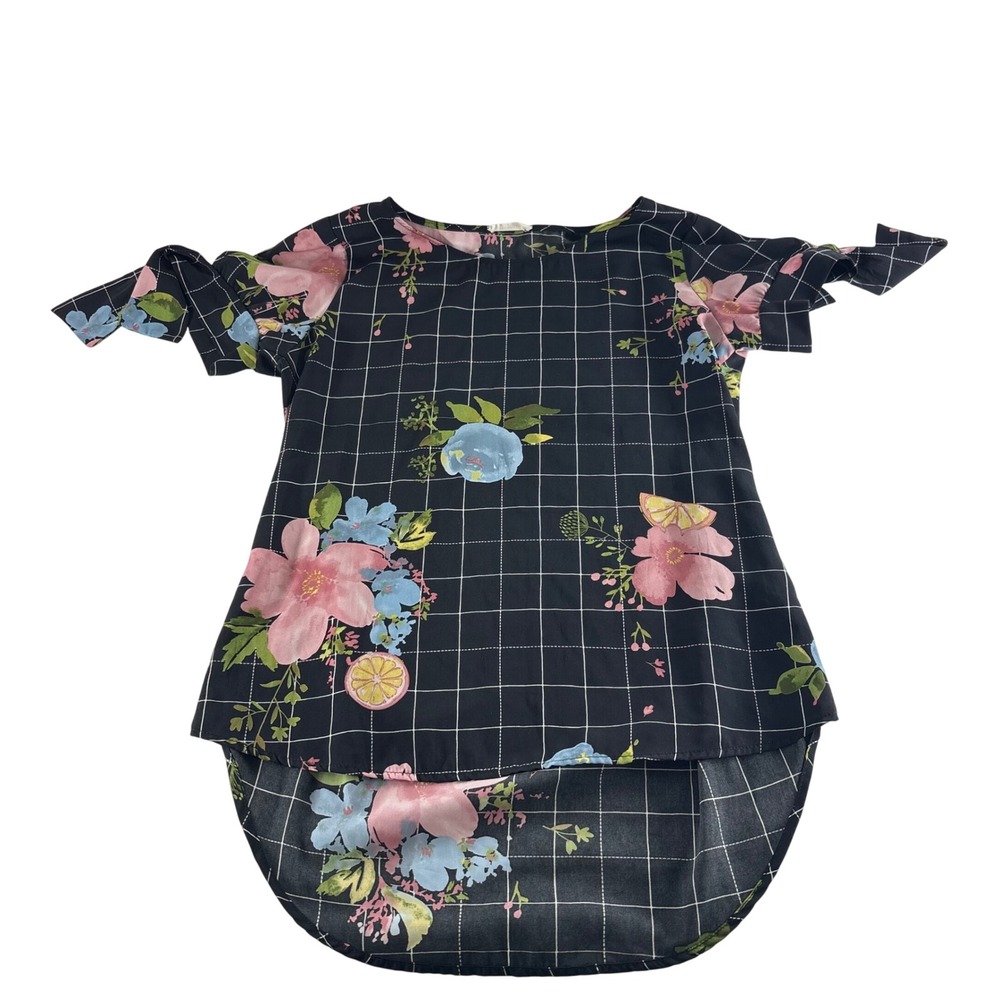 Les Amis Black Floral Grid High Low Blouse Short Sleeve Tie T0584-S2 Small